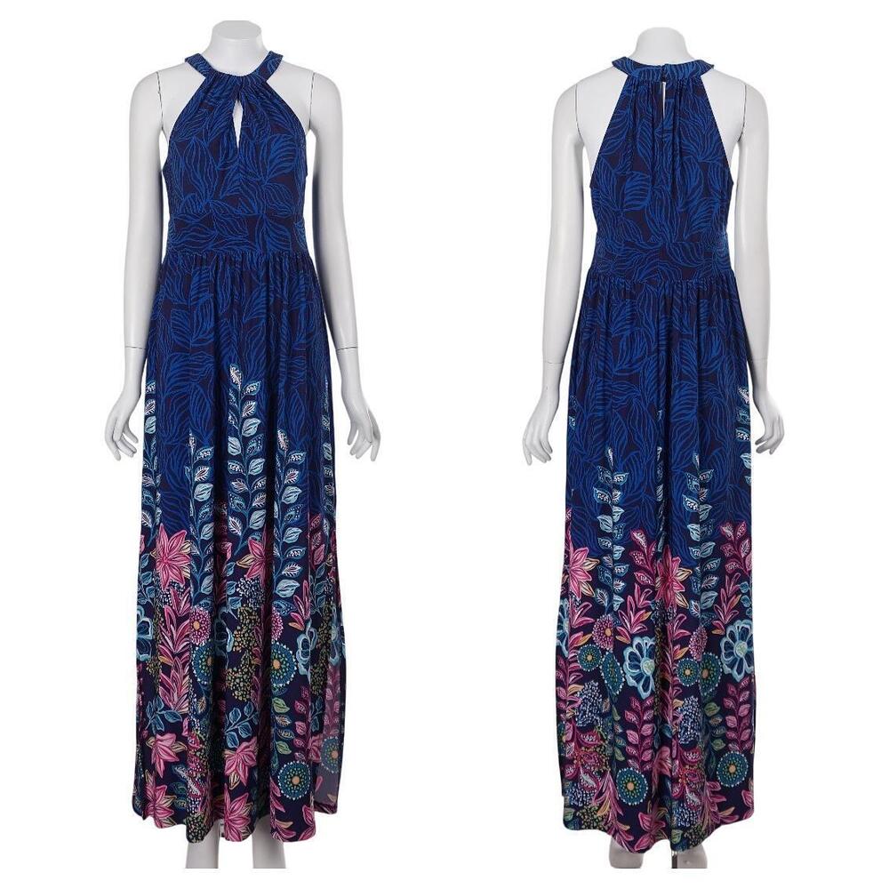 London Times Maxi Dress 6 Blue Pink Floral Sleeveless Keyhole Stretch